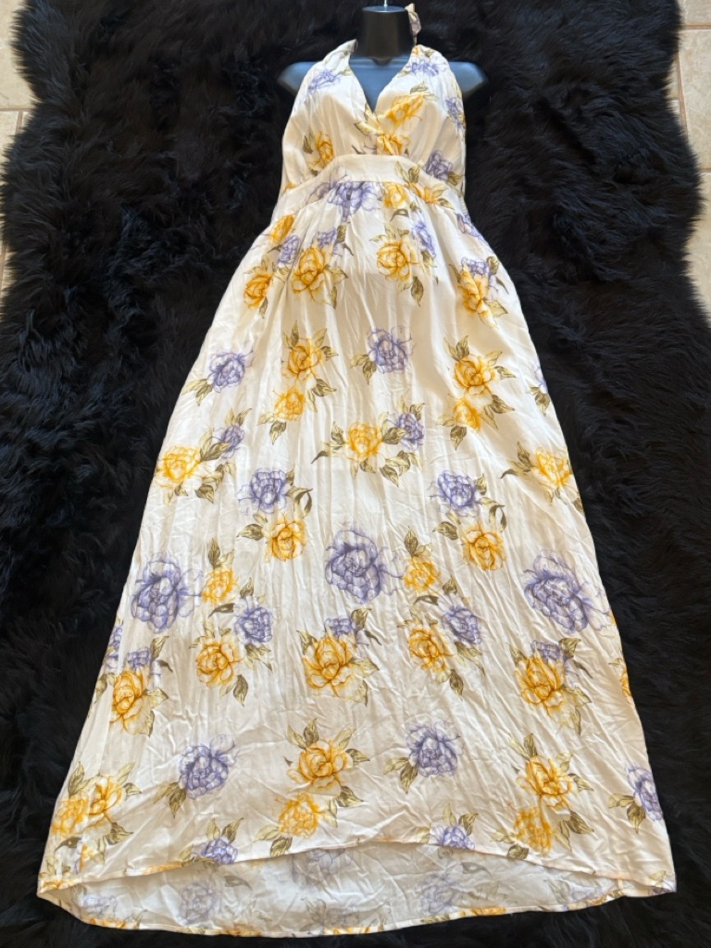 Sleeveless Floral Halter Maxi Dress in White with Yellow & Lavender Flowers